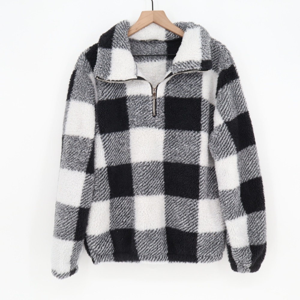 Fashion Pullover Womens M Buffalo Plaid Black White Quarter Zip Sherpa Excellent